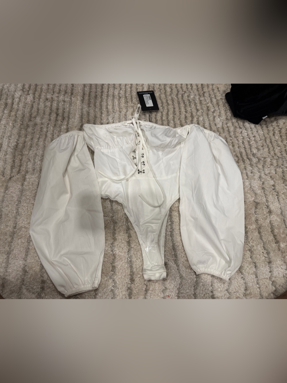 PrettyLittleThing White Puff Sleeve Lace-Up Bodysuit Jumpsuit